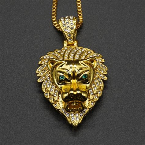 Golden Lion Head Pendant With Chain Hip Hop Iced Out Lionhead Shiny