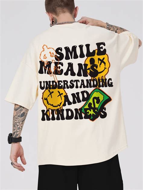 Guys Slogan Cartoon Face Print Drop Shoulder Tee Magliette