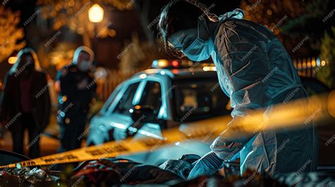 Premium Photo Forensic Investigator Examines Crime Scene At Night