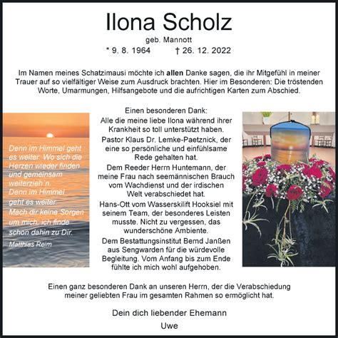 Traueranzeigen Von Ilona Scholz Nordwest Trauer De