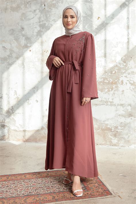 Lena Abaya With Embroidery Detail Dusty Rose Vavinor