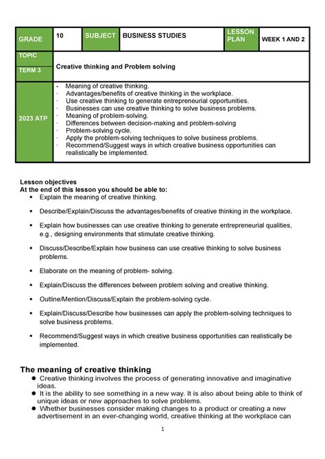 2023 Grade 10 Business Studies Lesson Plans 1 And2 Grade 10 Subject