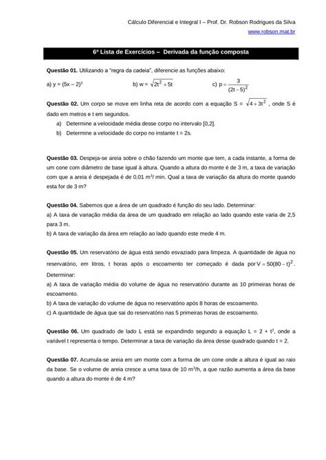 Pdf 6ª Lista De Exercícios Derivada Da Função Compostarodrigues Mat