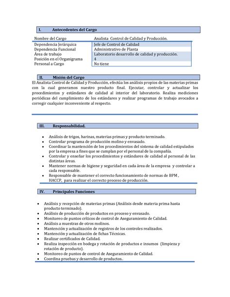 Descriptor De Cargo Analista Control De Calidad Y Producci N I