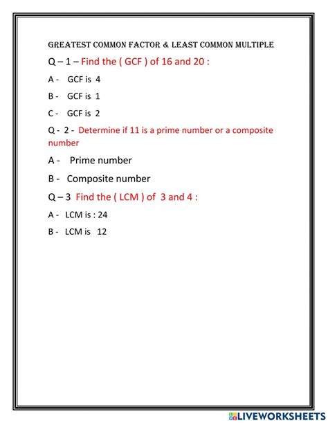 Greatest Common Factor And Least Common Multiple Worksheets Printable