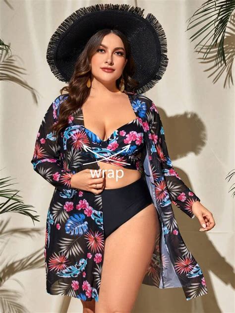 SHEIN Swim Vcay Plus Tropical Print Push Up Bikini Swimsuit With Kimono