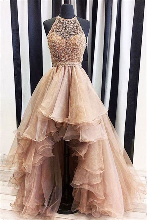 Champagne tulle beads high low prom dress, champagne evening dress ...