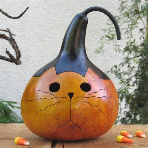 Halloween Gourd Jack O Lantern Kitty Cat Natural Fall Harvest Pumpkin