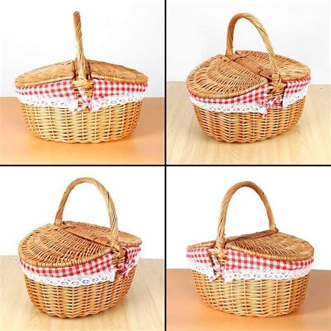 Country Wicker Picnic Basket Hamper With Lid And Handle Liners