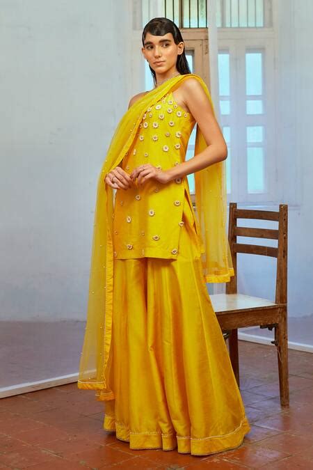 Buy Yellow Dupion Silk Embroidered Pearl Sunny Elegance Kurta Sharara