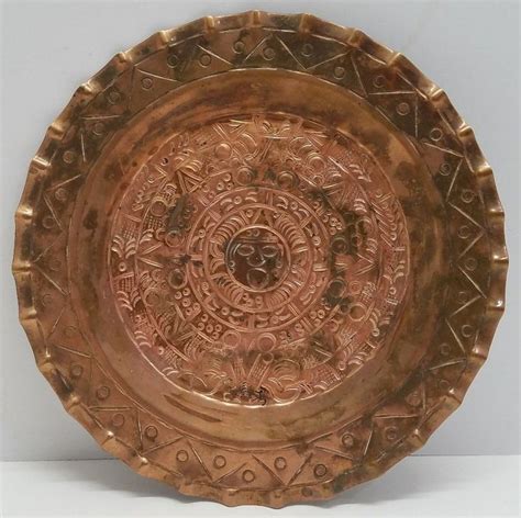 Antique Vtg Mexico Jgg Hammered Etched Copper Wall Hanging Plate Aztec Mayan Hanging Plates