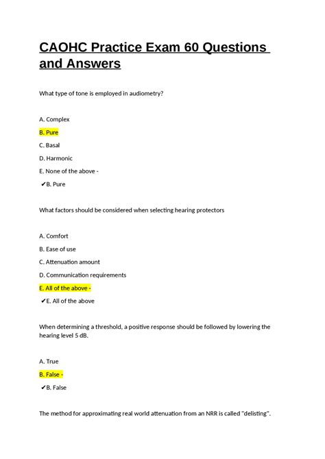 Caohc Practice Exam Questions And Answers Exams Nursing Docsity