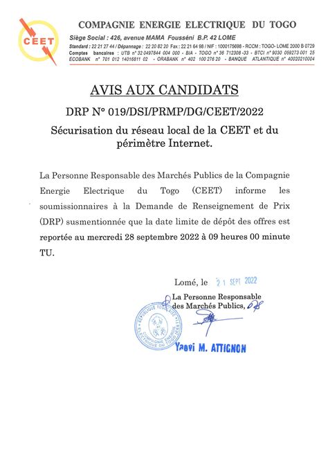 Avis aux candidats DRP N019 DSI PRMP DG CEET 2022 Sécurisation du