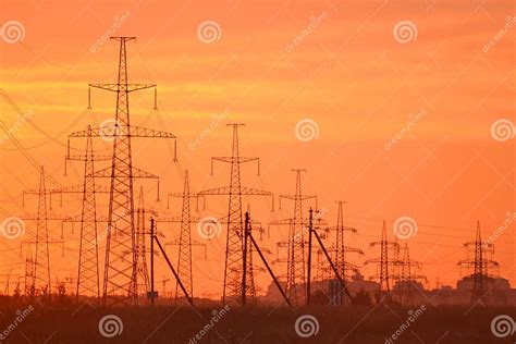 Electric Power Transmission Lines At Sunset Stock Image Image Of