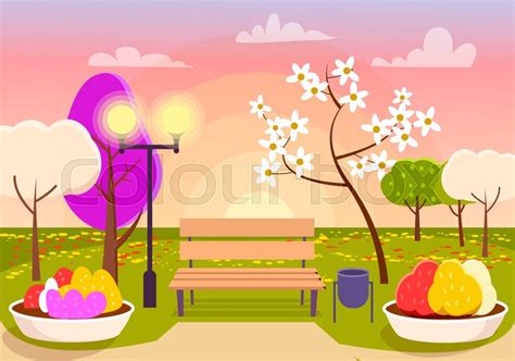 Spring Scenery Urban Park With Bench Stock Vector Colourbox