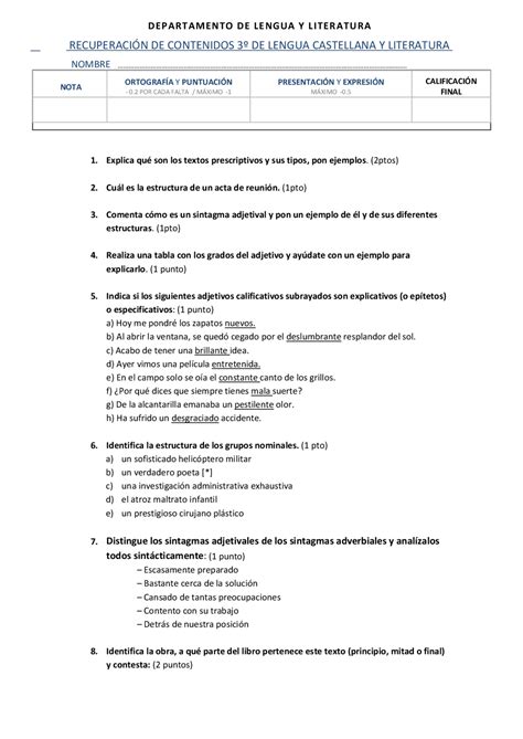 Examen De Recuperación De 3º De Eso Lengua Y Literatura Exámenes De