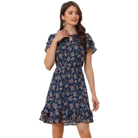 Allegra K Womens Ruffled Sleeve Self Tie V Neck Above Knee Chiffon Floral Ruffle Dress Navy