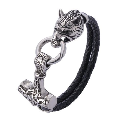 Sat N Al N Stainless Steel Wolf Head Norse Viking Amulet Thor Hammer