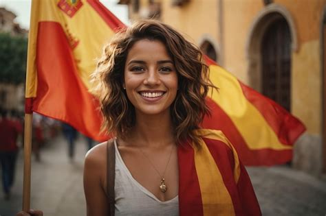 Mulher Sorridente Segurando A Bandeira Espanhola Foto Premium