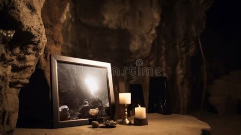 A Mirror Frame Mockup Inside The Cave With Candle Warm Light A Dark