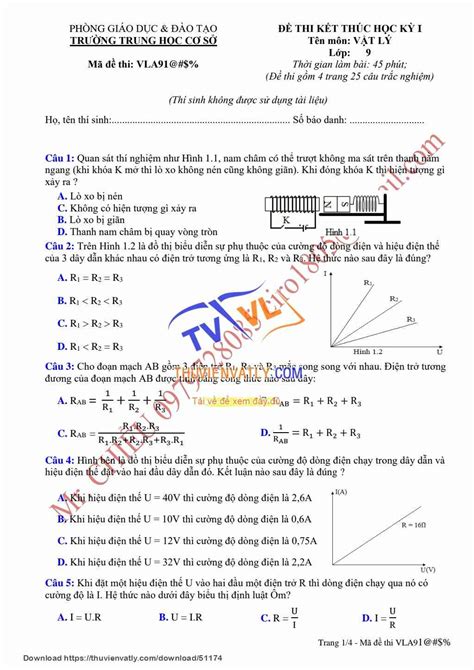 Pdf ĐỀ Thi HỌc KÌ 1 LÝ 9 4 Trang Thư Viện Vật Lý