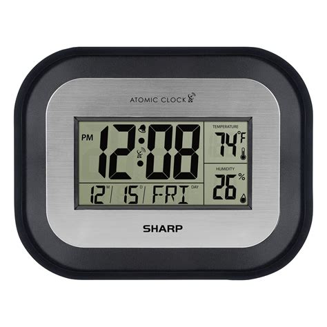 Sharp Atomic Digital Wall Clock With Thermometer Date Humidity Black