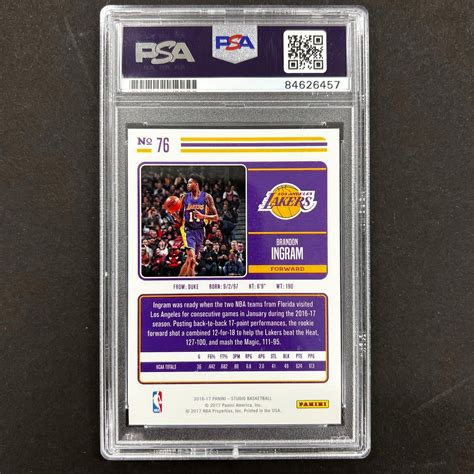 2016 17 Panini Studio 76 Brandon Ingram Signed Card AUTO PSA Slabbed