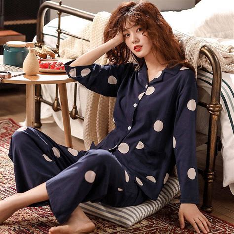 ชุดนอน ชุดนอนด้าย Black Pajamas Womens Spring And Autumn Long Sleeved