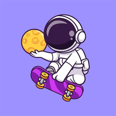 Astronaute Mignon Jouant à La Planche à Roulettes Avec La Lune Dans L