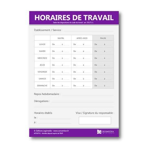 Affiche Des Horaires De Travail En Entreprise Panneau Officiel