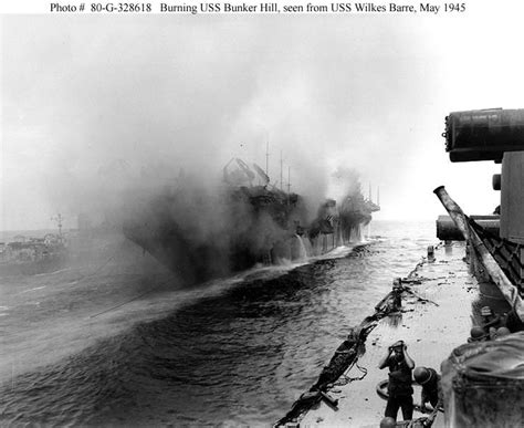 Uss Bunker Hill Cv 17 Burning After Being Hit By A Kamikaze Seen From