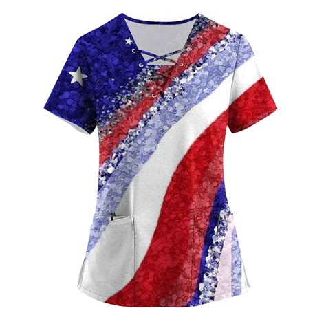 Julmcomo Womens Independence Day Scrub Tops Cute American Flag Print