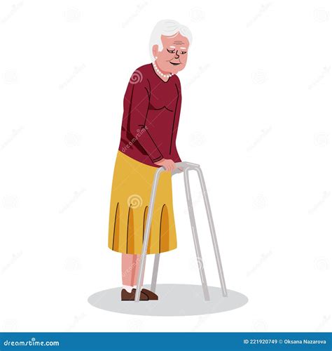 Elderly Woman Using A Walking Frame Disabled Female Character Stock