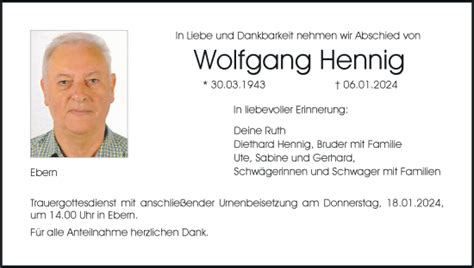 Wolfgang Hennig Traueranzeige Trauer InFranken De