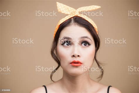 Surprised Asian Girl With Pretty Smile In Pinup Makeup Style Stock