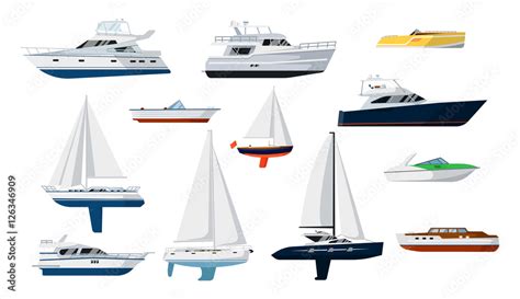 Motorboat and sailboat side view set isolated vector illustration. Ship ...