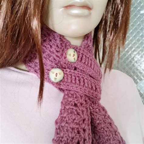 Woman Crochet Scarf Rose Pink Scarf Button Crochet Scarf Etsy