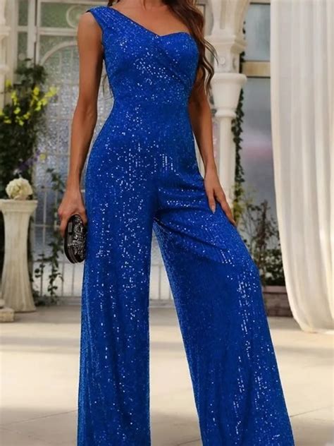 Royal Blue Sequin Asymmetrical Neck One Shoulder Wide Leg Jumpsuit