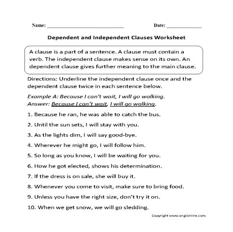 Independent And Dependent Clauses Worksheets