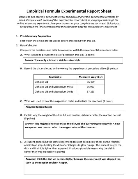 Empirical Formula Experimental Report Sheet Complete Each Section Of