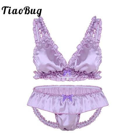 Tiaobug Men Crossdressing Sissy Sexy Lingerie Set Gay Underwear Men Bra Top Soft Satin Ruffle