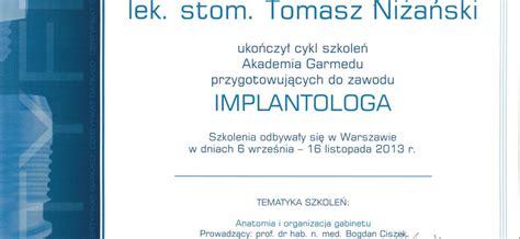 Certyfikaty Tomasz Ni A Ski Eurodent Stomatologia Rzesz W