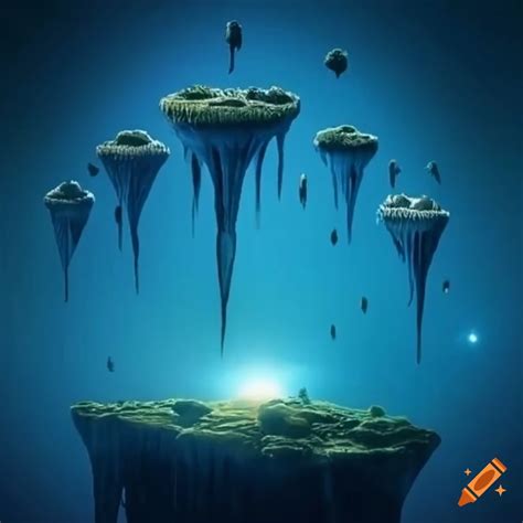 3 Floating Islands In The Center Of Which Is A Giant Stalactite In Blue