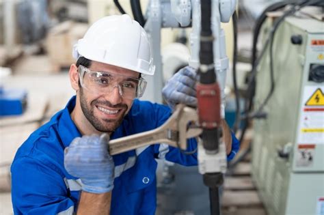 Ingeniero de sexo masculino que usa la máquina de soldadura del brazo