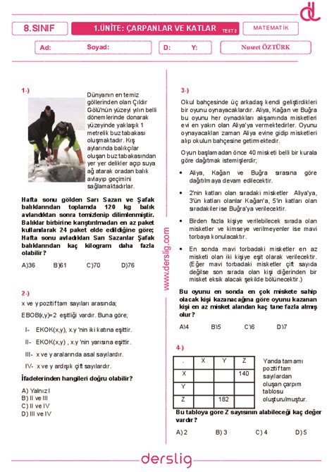 8 Sınıf Matematik EBOB EKOK Test 2 Nitelikli Sorular Nusret Öztürk