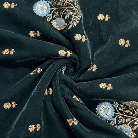 Premium Dark Green Floral Sequins Embroidery Velvet Fabric Tradeuno