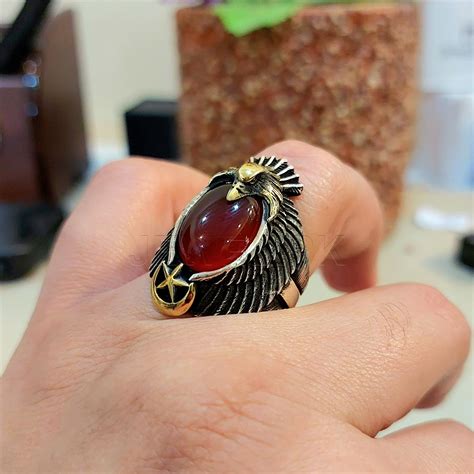 Turkish Ring Aqeeq Stone Agate Silver 925 Eagle Design