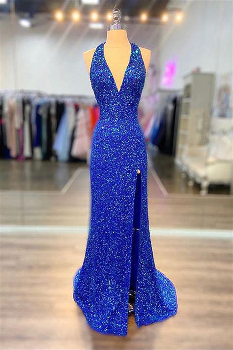 Halter Neck Royal Blue Long Prom Dresses Shiny Royal Blue Long Formal