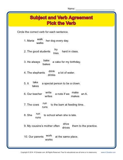 Pick The Verb Subject Verb Agreement Worksheets