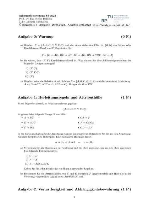 Sheet 09 Sommersemester Informationssysteme SS 2023 Prof Dr Ing